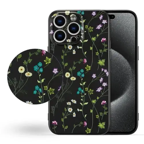 RALEAVO Floral Case for iPhone 15 Pro,Liquid Silicone Cover with Cute Flower Branch Pattern for Girls Women Slim Soft Rubber Protective Phone Case for iPhone 15 Pro (6.1