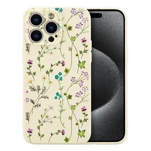 RALEAVO Floral Case for iPhone 15 Pro,Liquid Silicone Cover with Cute Flower Branch Pattern for Girls Women Slim Soft Rubber Protective Phone Case for iPhone 15 Pro (6.1