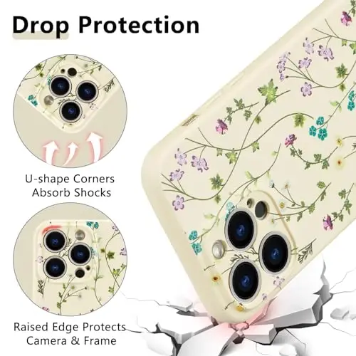 RALEAVO Floral Case for iPhone 15 Pro,Liquid Silicone Cover with Cute Flower Branch Pattern for Girls Women Slim Soft Rubber Protective Phone Case for iPhone 15 Pro (6.1