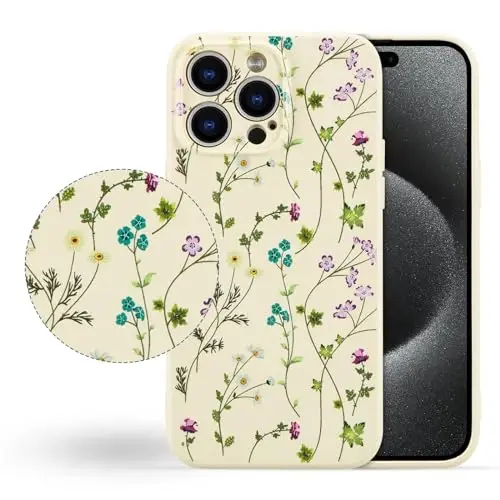 RALEAVO Floral Case for iPhone 15 Pro,Liquid Silicone Cover with Cute Flower Branch Pattern for Girls Women Slim Soft Rubber Protective Phone Case for iPhone 15 Pro (6.1