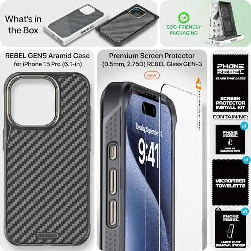 REBEL Case for iPhone 15 Pro [Gen-5 Aramid Fiber] Strong MagSafe Compatible, Grippy Sides, Shockproof Corners, Metal Lens + Buttons, Upgraded Protective Design, 6.1 Inch Phone 2023 (Black) - 6