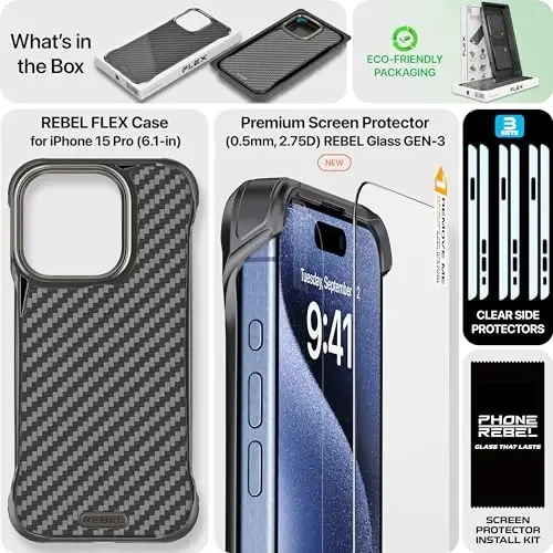 REBEL Case for iPhone 15 Pro [Flex Series] Exposed Sides Comfort, Aramid Fiber, Strong MagSafe Compatible, Shockproof Corners, Metal Lens, Protective Frameless Design, 6.1 Inch Phone 2023 (Flex) - 6