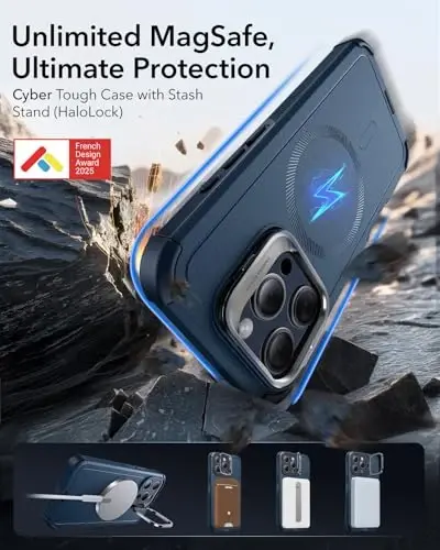 ESR for iPhone 15 Pro Case with Stand, 23 ft Military-Grade Drop Protection, Heavy Duty Magnetic Phone Case, Compatible with MagSafe Accessories, Cyber Series, Blue - 1