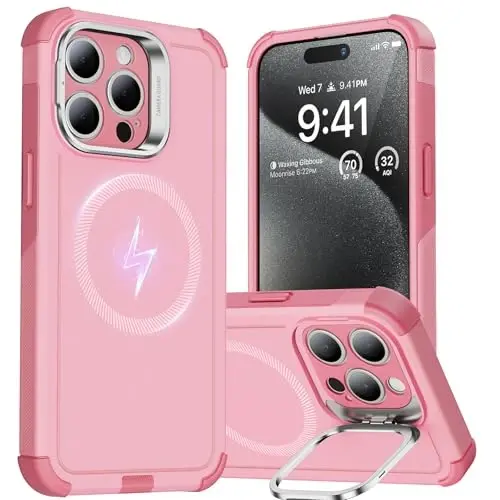 ESR for iPhone 15 Pro Case with Stand, 23 ft Military-Grade Drop Protection, Heavy Duty Magnetic Phone Case, Compatible with MagSafe Accessories, Cyber Series, Pink - ESR