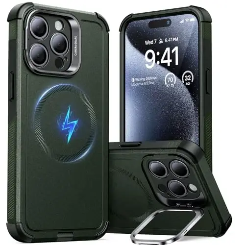 ESR for iPhone 15 Pro Case with Stand, 23 ft Military-Grade Drop Protection, Heavy Duty Magnetic Phone Case, Compatible with MagSafe Accessories, Cyber Series, Green - 1