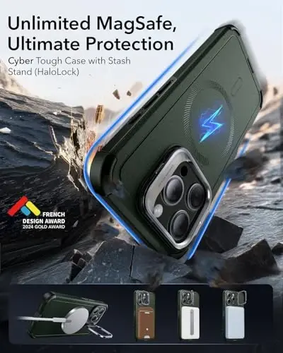 ESR for iPhone 15 Pro Case with Stand, 23 ft Military-Grade Drop Protection, Heavy Duty Magnetic Phone Case, Compatible with MagSafe Accessories, Cyber Series, Green - 3