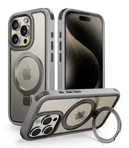 Mobnano for iPhone 15 Pro Case with Stand, Compatible with MagSafe, Crystal Clear Back, Military-Grade Protection, Magnetic Ring Holder Protective Bumpers, Non-Yellowing Scratch-Resistant - Grey/Black - MOBNANO