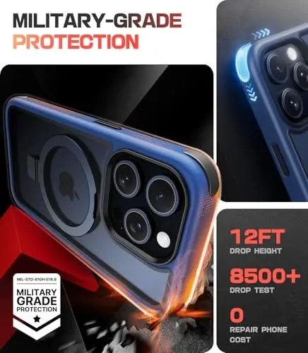 Mobnano for iPhone 15 Pro Case with Stand, Compatible with MagSafe, Crystal Clear Back, Military-Grade Protection, Magnetic Ring Holder Protective Bumpers, Non-Yellowing Scratch-Resistant - Blue/Black - 5
