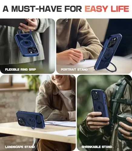 Mobnano for iPhone 15 Pro Case with Stand, Compatible with MagSafe, Crystal Clear Back, Military-Grade Protection, Magnetic Ring Holder Protective Bumpers, Non-Yellowing Scratch-Resistant - Blue/Black - 7