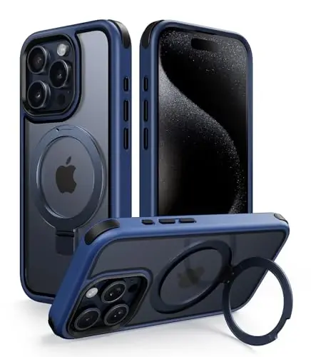 Mobnano for iPhone 15 Pro Case with Stand, Compatible with MagSafe, Crystal Clear Back, Military-Grade Protection, Magnetic Ring Holder Protective Bumpers, Non-Yellowing Scratch-Resistant - Blue/Black 