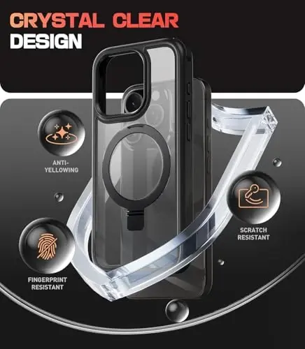 Mobnano for iPhone 15 Pro Case with Stand, Compatible with MagSafe, Crystal Clear Back, Military-Grade Protection, Magnetic Ring Holder & Protective Bumpers, Non-Yellowing Scratch-Resistant - Black - 4