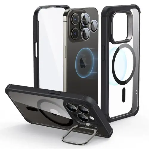 ESR for iPhone 15 Pro Case with Stand, Compatible with MagSafe, Full-Body Military-Grade Drop Proof Case with Built-in 9H+ Tempered Glass Screen Protector, Armor Series, Clear Black - 4