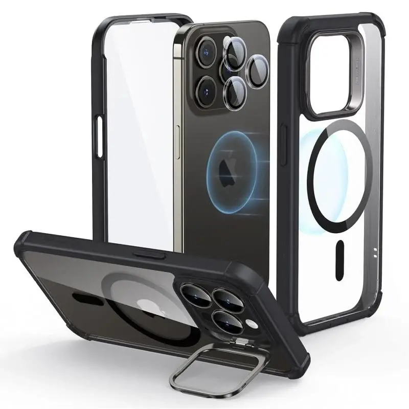 ESR for iPhone 15 Pro Case with Stand, Compatible with MagSafe, Full-Body Military-Grade Drop Proof Case with Built-in 9H+ Tempered Glass Screen Protector, Armor Series, Clear Black - 4
