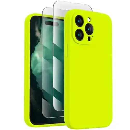 FireNova Designed for iPhone 15 Pro Case, Silicone Upgraded [Camera Protection] Phone Case with [2 Screen Protectors], Soft Anti-Scratch Microfiber Lining Inside, 6.1 inch, Fluorescent Green 