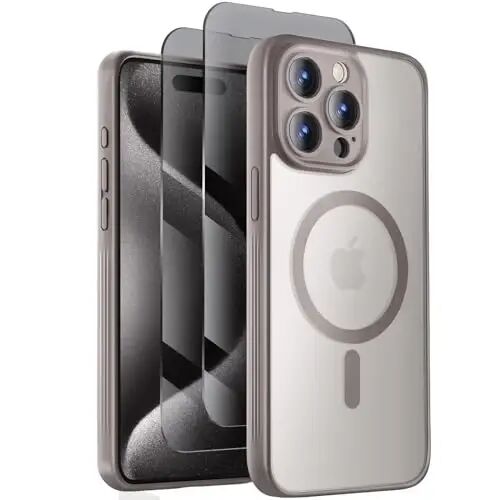iPhone 15 Pro için Tasarlanmış Symcele Kılıfı, MagSafe ile Uyumlu, X2 Gizlilik Ekran Koruyucuları, [Kamera Koruması] [15FT Askeri Düşme Koruması] Darbeye Dayanıklı Telefon Kılıfı, 6.1'', Doğal Titanyum - SYMCELE