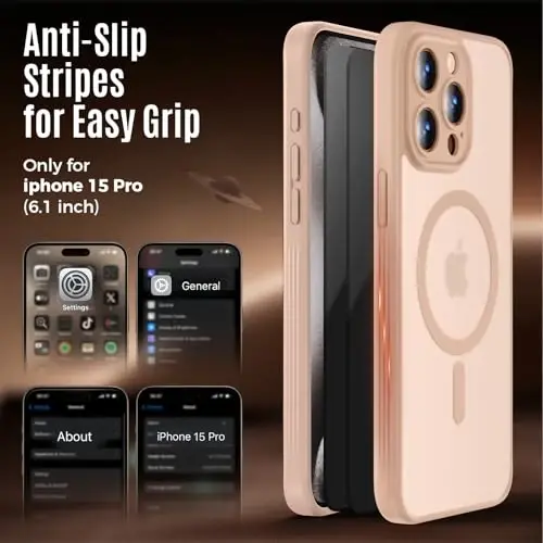 Symcele Designed for iPhone 15 Pro Case, Compatible with MagSafe, with Privacy Screen Protectors X2, [Camera Protection] [15FT Military Drop Protection] Shockpoof Phone Case, 6.1'', Light Brown - 6