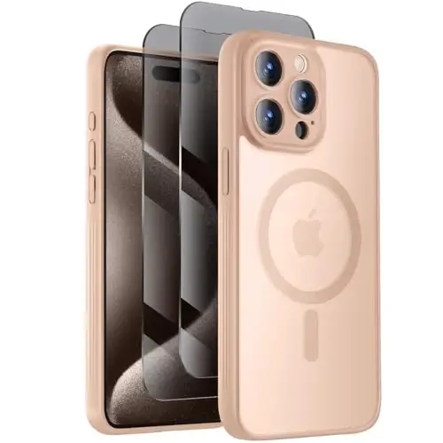 iPhone 15 Pro için Tasarlanmış Symcele Kılıfı, MagSafe Uyumlu, X2 Gizlilik Ekran Koruyuculu, [Kamera Koruması] [15FT Askeri Düşme Koruması] Darbeye Dayanıklı Telefon Kılıfı, 6.1'', Açık Kahverengi 