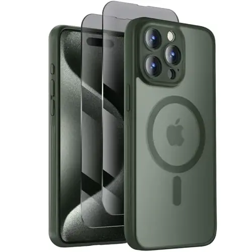 Symcele Designed for iPhone 15 Pro Case, Compatible with MagSafe, with Privacy Screen Protectors X2, [Camera Protection] [15FT Military Drop Protection] Shockpoof Phone Case, 6.1'', Alpine Green 