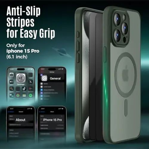 Symcele Designed for iPhone 15 Pro Case, Compatible with MagSafe, with Privacy Screen Protectors X2, [Camera Protection] [15FT Military Drop Protection] Shockpoof Phone Case, 6.1'', Alpine Green - 6