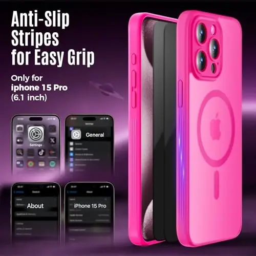 Symcele Designed for iPhone 15 Pro Case, Compatible with MagSafe, with Privacy Screen Protectors X2, [Camera Protection] [15FT Military Drop Protection] Shockpoof Phone Case, 6.1'', Hot Pink - 6