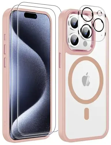 Temdan for iPhone 15 Pro Case Clear with Screen Protector, Compatible with Magsafe, Anti-Yellowing, Military-Grade Protection, Shockproof Slim Magnetic Phone Case Cover, Clear Pink 