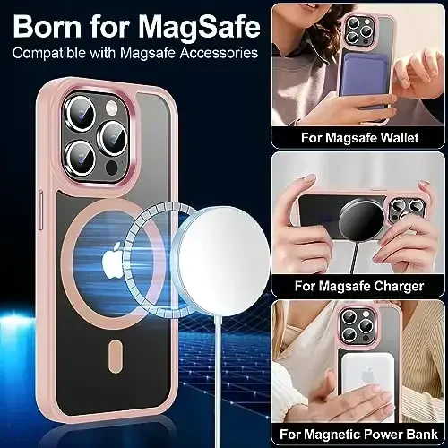 Temdan for iPhone 15 Pro Case Clear with Screen Protector, Compatible with Magsafe, Anti-Yellowing, Military-Grade Protection, Shockproof Slim Magnetic Phone Case Cover, Clear Pink - 4