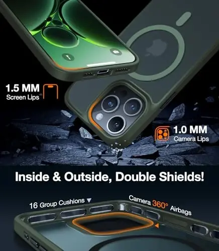 TORRAS Magnetic Shockproof for iPhone 15 Pro Case, [Military-Grade Drop Tested][Compatible with MagSafe] Translucent Hard PC Back with Silicone Slim Protective Cover Anti-Fingerprint, Green - 5