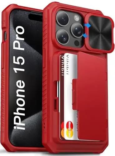 Vihibii for iPhone 15 Pro Wallet Case with Card Holder (4 Cards) & Slide Camera Cover & Kickstand & Raised Edges Protective Screen, Shockproof Rugged Phone Case for iPhone 15 Pro 5G 6.1