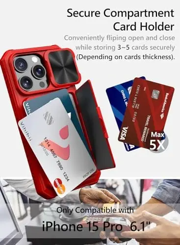 Vihibii for iPhone 15 Pro Wallet Case with Card Holder (4 Cards) & Slide Camera Cover & Kickstand & Raised Edges Protective Screen, Shockproof Rugged Phone Case for iPhone 15 Pro 5G 6.1