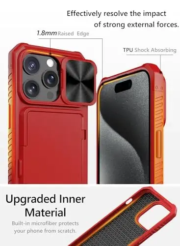 Vihibii for iPhone 15 Pro Wallet Case with Card Holder (4 Cards) & Slide Camera Cover & Kickstand & Raised Edges Protective Screen, Shockproof Rugged Phone Case for iPhone 15 Pro 5G 6.1