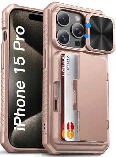 Vihibii for iPhone 15 Pro Case Wallet, Card Holder (4 Cards), Rose Gold | Slide Camera Cover & Kickstand, Raised Edges Protect Screen, Rugged Hard Back Cover, Ditch the bulky bag, 2023, Rose Gold - VIHIBII