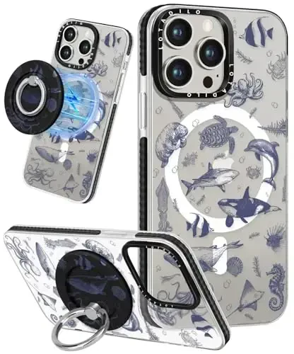 Lotadilo for iPhone 15 Pro Case for Women - Girls Kawaii Design Compatible with Magsafe Magnetic Ring Holder Stand Sea Fish Phone Covers Aesthetic Girly TPU Funda for 15 Pro 