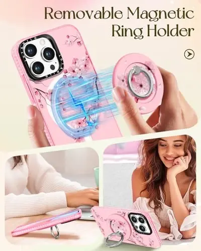 Lotadilo for iPhone 15 Pro Case for Women - Girls Kawaii Design Compatible with Magsafe Magnetic Ring Holder Stand Peach Blossom Phone Covers Aesthetic Girly TPU Funda for 15 Pro - 4