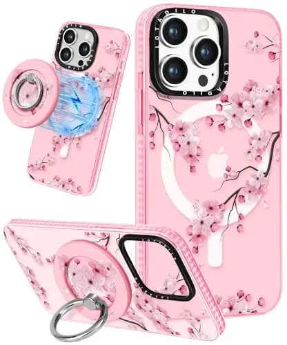 Lotadilo for iPhone 15 Pro Case for Women - Girls Kawaii Design Compatible with Magsafe Magnetic Ring Holder Stand Peach Blossom Phone Covers Aesthetic Girly TPU Funda for 15 Pro 