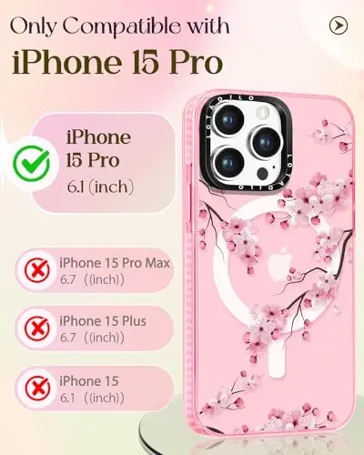Lotadilo for iPhone 15 Pro Case for Women - Girls Kawaii Design Compatible with Magsafe Magnetic Ring Holder Stand Peach Blossom Phone Covers Aesthetic Girly TPU Funda for 15 Pro - LOTADILO (1)
