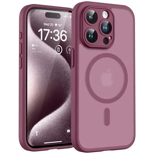 iPhone 15 Pro Kılıf için TOCOL, Magsafe Şarj Cihazı ile Uyumlu, Tam Kamera Koruması, Düşme Koruması, iPhone 15 Pro 6.1 inç için Yarı Saydam Mat Telefon Kılıfı (Erik Rengi) 