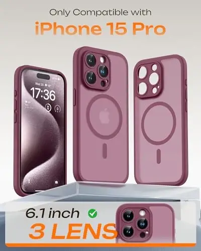 iPhone 15 Pro Kılıf için TOCOL, Magsafe Şarj Cihazı ile Uyumlu, Tam Kamera Koruması, Düşme Koruması, iPhone 15 Pro 6.1 inç için Yarı Saydam Mat Telefon Kılıfı (Erik Rengi) - 2