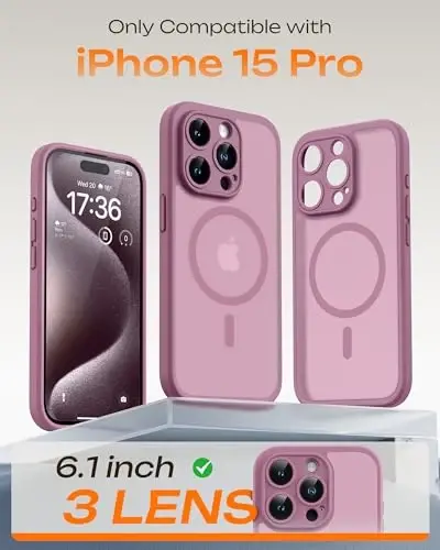 iPhone 15 Pro Kılıf için TOCOL, Magsafe Şarj Cihazı ile Uyumlu, Tam Kamera Koruması, Düşme Koruması, iPhone 15 Pro 6.1 inç için Yarı Saydam Mat Telefon Kılıfı (Lila Mor) - 2