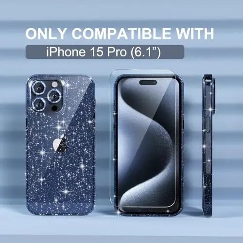 iPhone 15 Pro Kılıf Kadın Telefon Kılıfı ile Uyumlu Seçim, Sevimli Parlak Parıltılı, Askeri Sınıf Düşme Koruması, 3 Elmas Kamera Lensi Kapağı, 2 Temperli Cam Koruyucu, 6.1 inç (Glitter Mavi) - 2