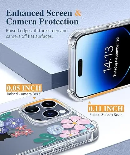 iPhone 15 Pro Kılıfı GVIEWIN Çiçekli, Ekran Koruyuculu ve Kamera Lens Koruyuculu, [Sararma Yapmaz] İnce Darbe Emici Şeffaf Kadın Telefon Kılıfı, Çiçek Desenli Tasarım 6.1
