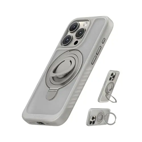 Anker Magnetic Ring Stand for iPhone 15 Pro Case, Silicone Finger Ring Grip Stand Holder, Military Grade Drop Tested, Compatible with MagSafe, Built in Kickstand, Anti-Fingerprint, Titanium - 1