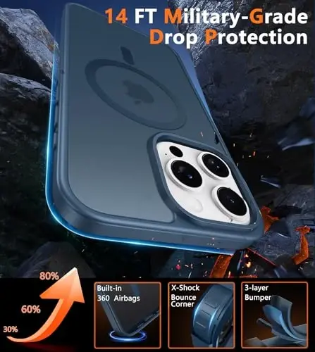 FNTCASE for iPhone 15 Pro Case: [Compatible with Magsafe] Translucent Matte Magnetic Phone Cover - Military Grade Drop Protection Shockproof Protective Cases - Blue - 4