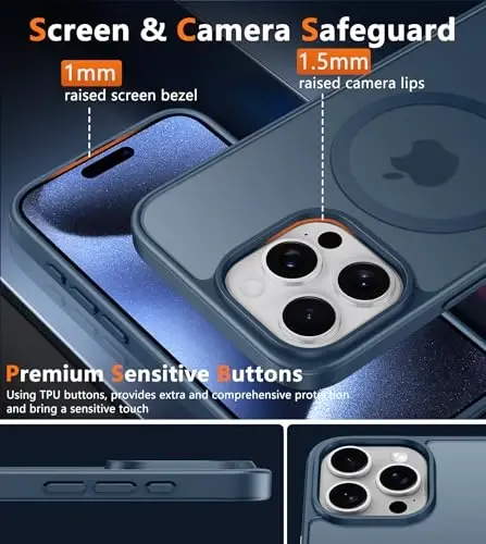 FNTCASE for iPhone 15 Pro Case: [Compatible with Magsafe] Translucent Matte Magnetic Phone Cover - Military Grade Drop Protection Shockproof Protective Cases - Blue - 5