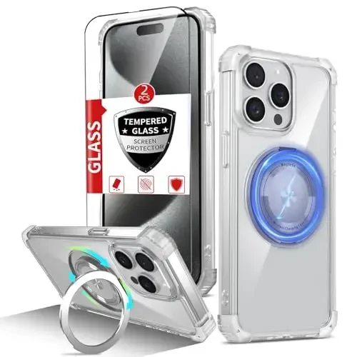 IYTRRYH for iPhone 15 Pro Case Magnetic Compatible with MagSafe Wireless Charging,with 2 Screen Protector,Built-in Kickstand,for 15 Pro Phone Case Military Grade Heavy Duty Protection Shockproof Clear 