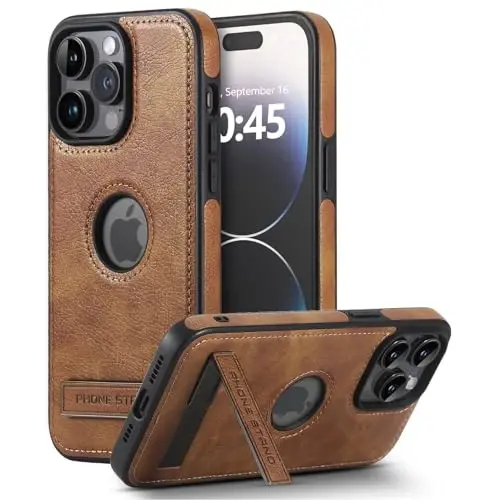 KSELF Leather case for iPhone 15 Pro Case, Thin Flexible Soft Grip Luxury Cover, Protective Slim with Kickstand Shockproof Phone Cases Compatible with iPhone 15 Pro (Brown, for iPhone 15 Pro) 