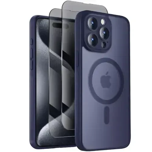 Symcele Designed for iPhone 15 Pro Case, Compatible with MagSafe, with Privacy Screen Protectors X2, [Camera Protection] [15FT Military Drop Protection] Shockpoof Phone Case, 6.1'', Navy Blue - SYMCELE