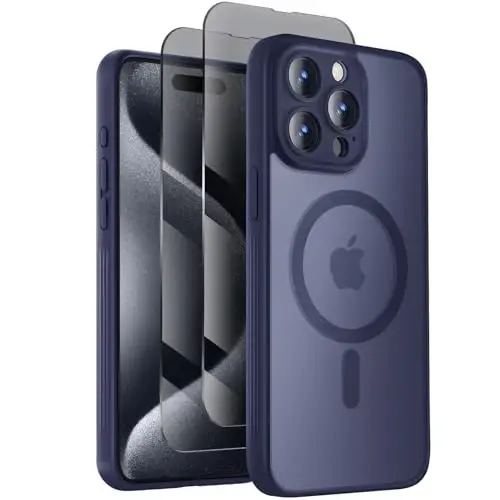 Symcele Designed for iPhone 15 Pro Case, Compatible with MagSafe, with Privacy Screen Protectors X2, [Camera Protection] [15FT Military Drop Protection] Shockpoof Phone Case, 6.1'', Navy Blue - 1