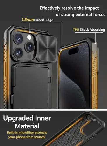 Vihibii for iPhone 15 Pro Case with Card Holder (4 Cards) & Slide Camera Cover & Kickstand, Shockproof Rugged Hard Back & TPU Soft Edge Wallet Phone Case for iPhone 15 Pro 5G 6.1