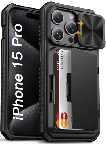 Vihibii for iPhone 15 Pro Case with Card Holder (4 Cards) & Slide Camera Cover & Kickstand, Shockproof Rugged Hard Back & TPU Soft Edge Wallet Phone Case for iPhone 15 Pro 5G 6.1