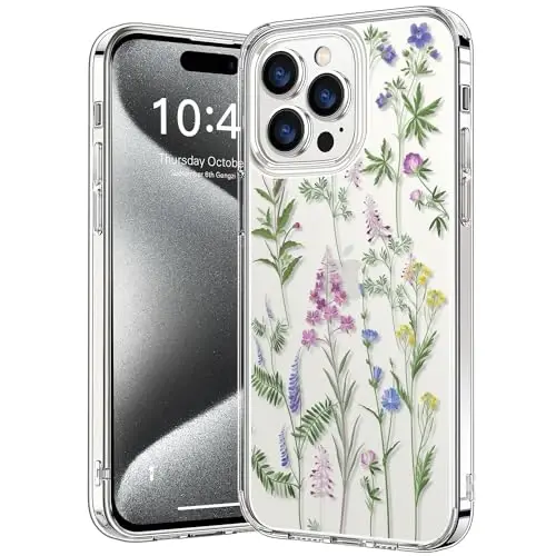 bicol Compatible with iPhone 15 Pro Case, Crystal Acrylic Clear with Fashionable Pattern Designs for Girls Women, Slim Fit Shockproof Protective Phone Cover 6.1 inch,Little Flowers Leaves - 1